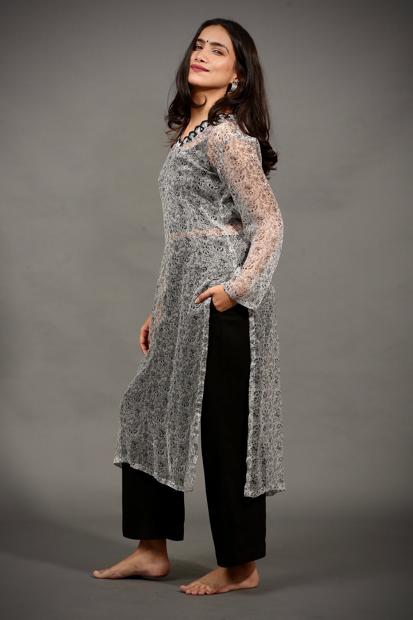 Grey chiffon kurta, black smocked crop top & pants (Set of 3)