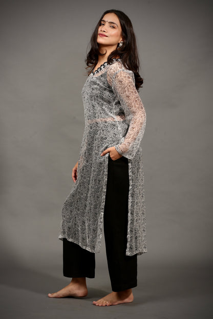 Grey chiffon kurta, black smocked crop top & pants (Set of 3)