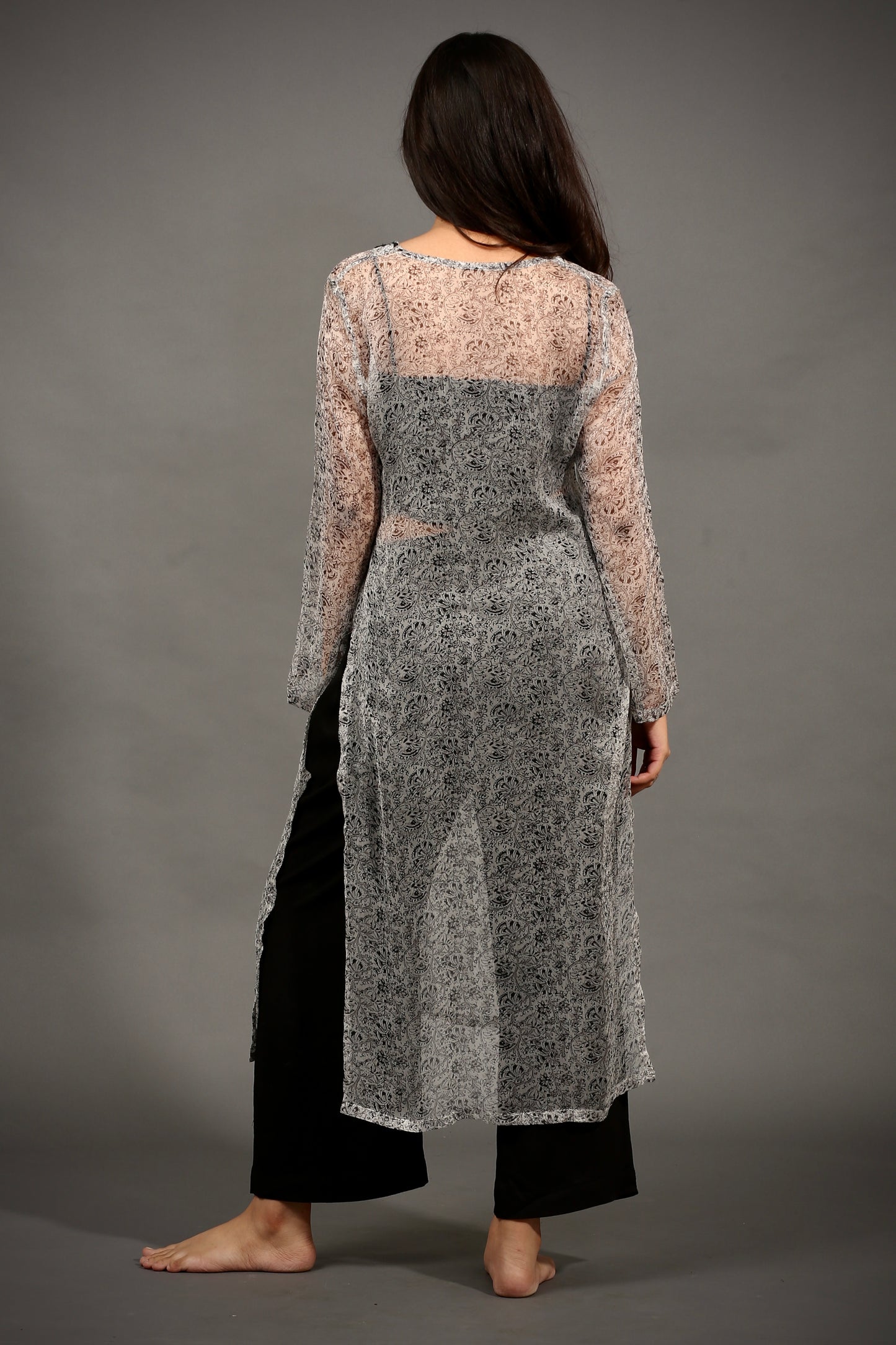 Grey chiffon kurta, black smocked crop top & pants (Set of 3)