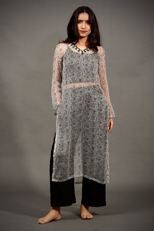 Grey chiffon kurta, black smocked crop top & pants (Set of 3)