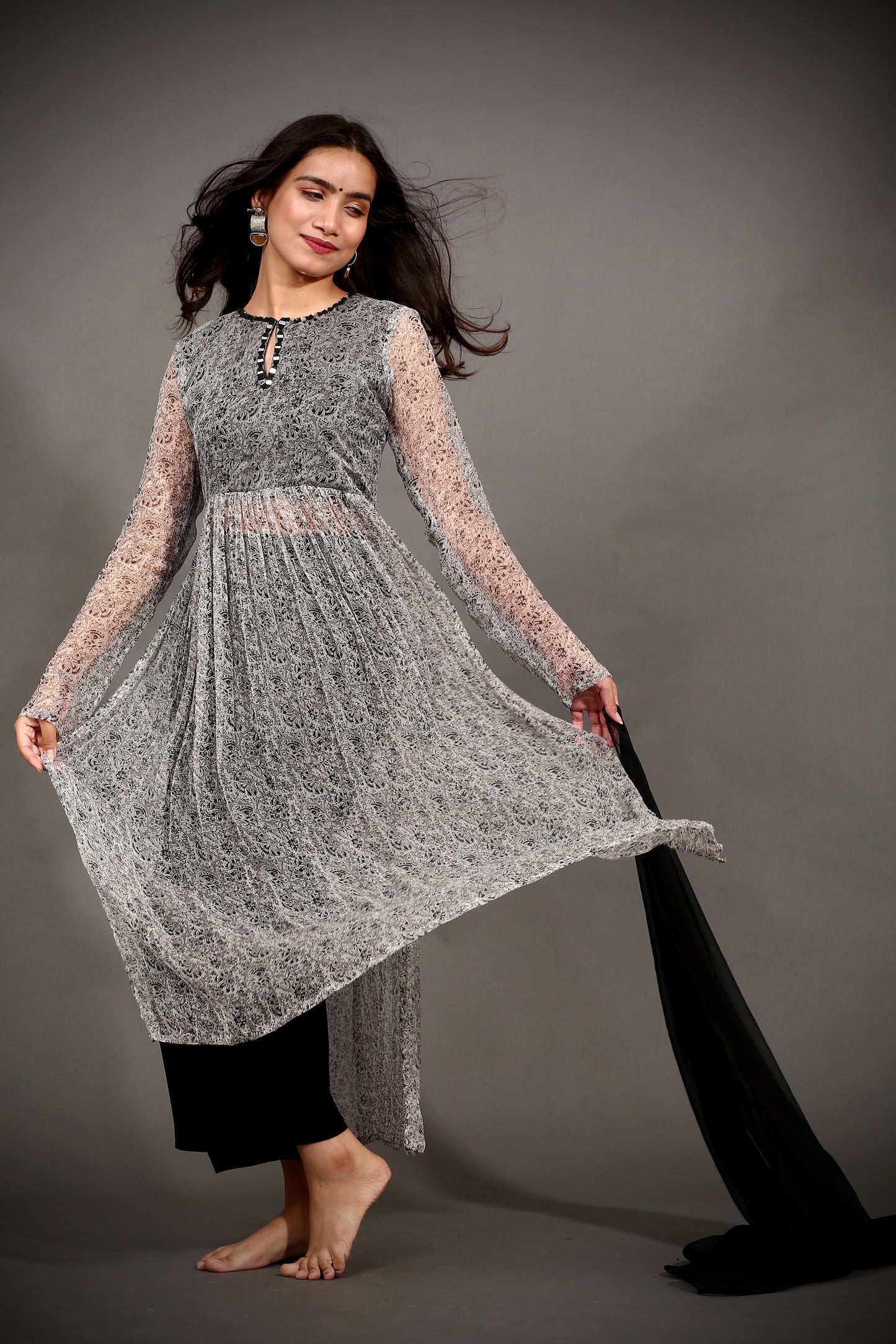 Grey high slit kurta, black pants & dupatta