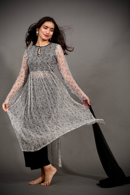 Grey high slit kurta, black pants & dupatta