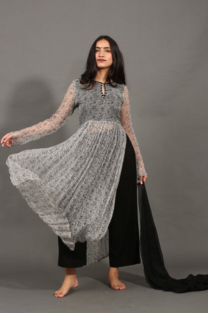 Grey high slit kurta, black pants & dupatta