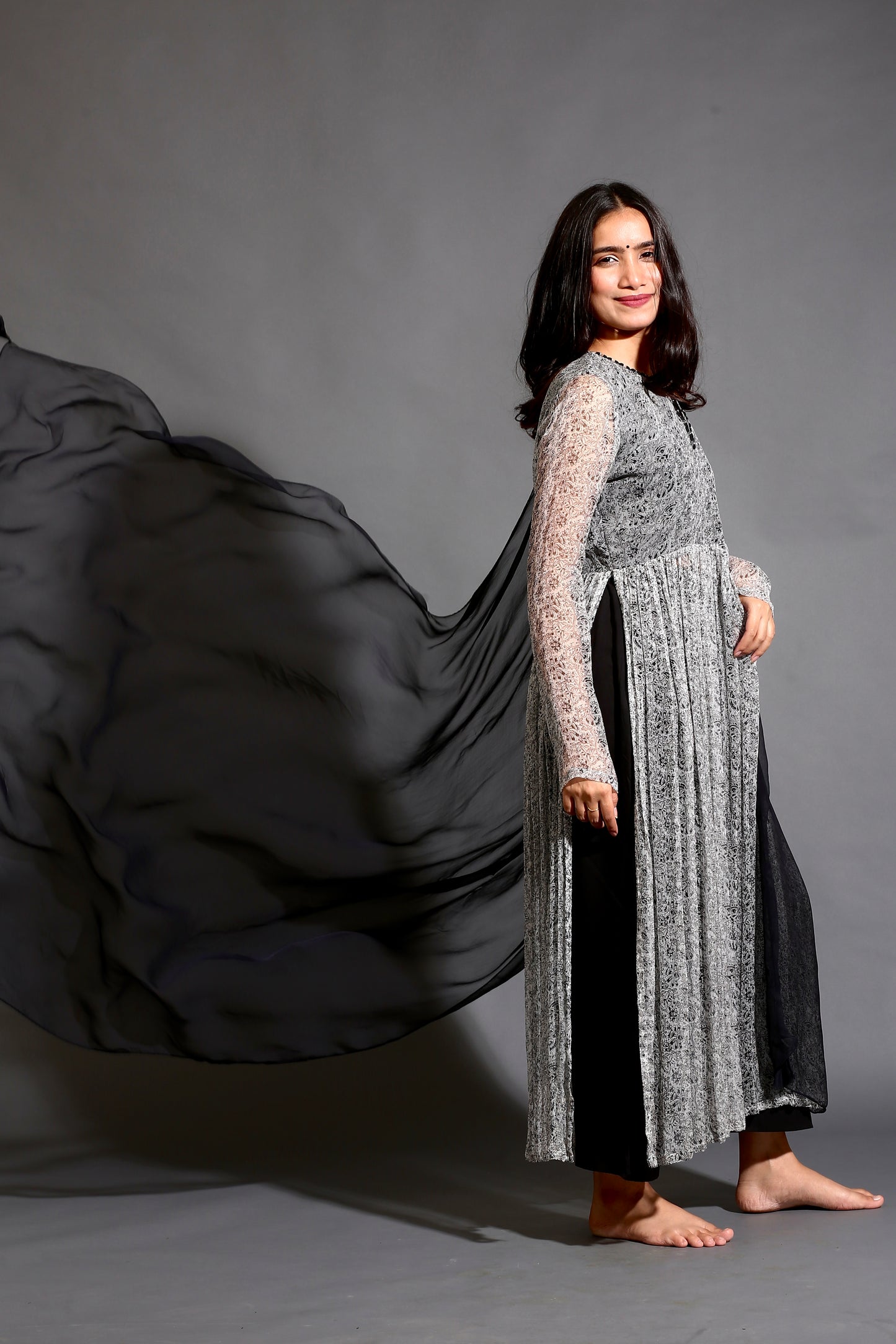 Grey high slit kurta, black pants & dupatta