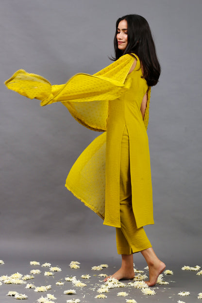 Lemon green sleeveless kurta pants & dupatta (Set of 3)