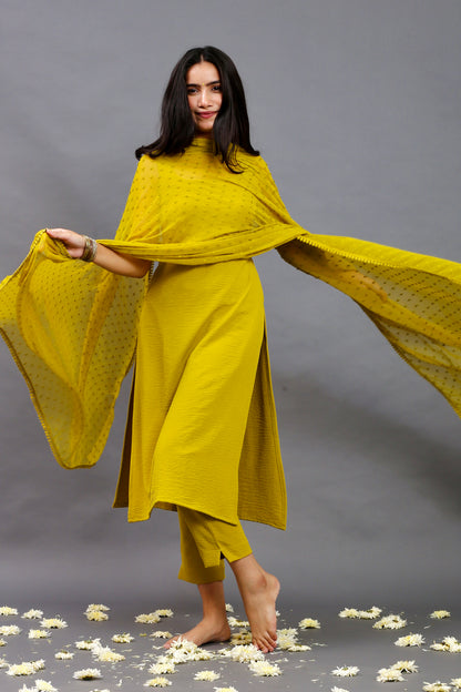 Lemon green sleeveless kurta pants & dupatta (Set of 3)