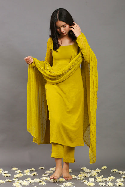 Lemon green full sleeves kurta pants & dupatta (Set of 3)