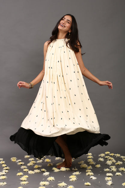 Off white & black printed sleeveless dress