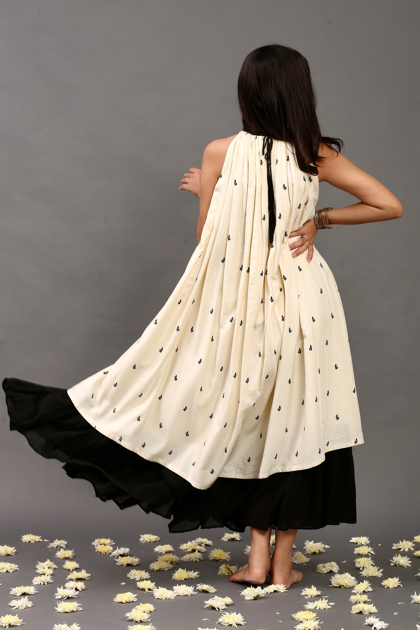 Off white & black printed sleeveless dress