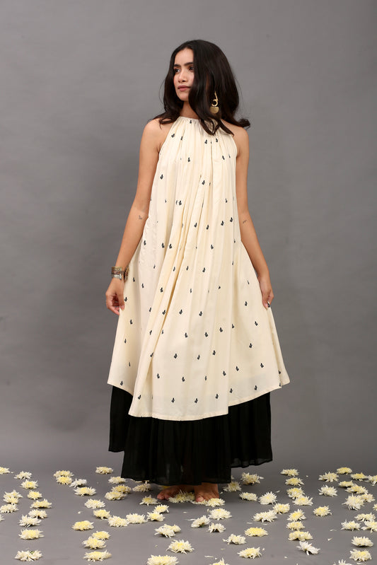 Off white & black printed sleeveless dress