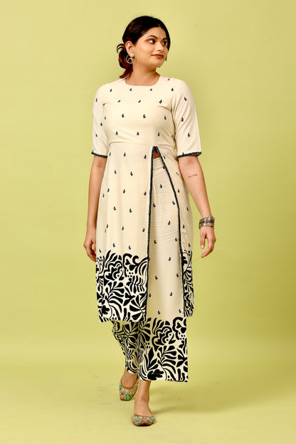 Off White & Black Printed Thigh High Slit Suit Set