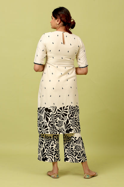 Off White & Black Printed Thigh High Slit Suit Set