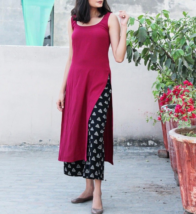 Bandhani Dark Pink Rayon Embroidered Kurti With Stylish Palazzo  Bhadar