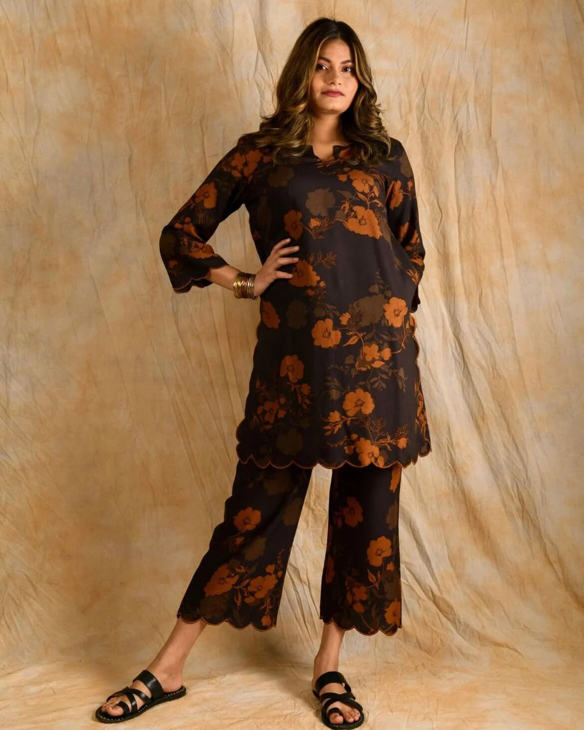 Coffee Brown Scallop Embroidered Co-ord Set